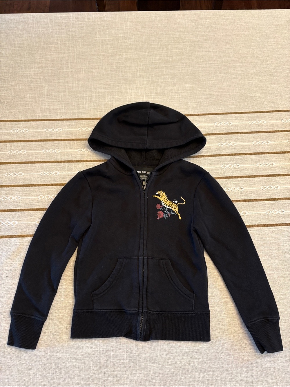 Joe Boxer Black Zip Hoodie with Tiger and Red Rose, Size XS